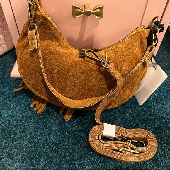 Suede Fringe Crossbody Bag in Tan - Picture 2 of 4
